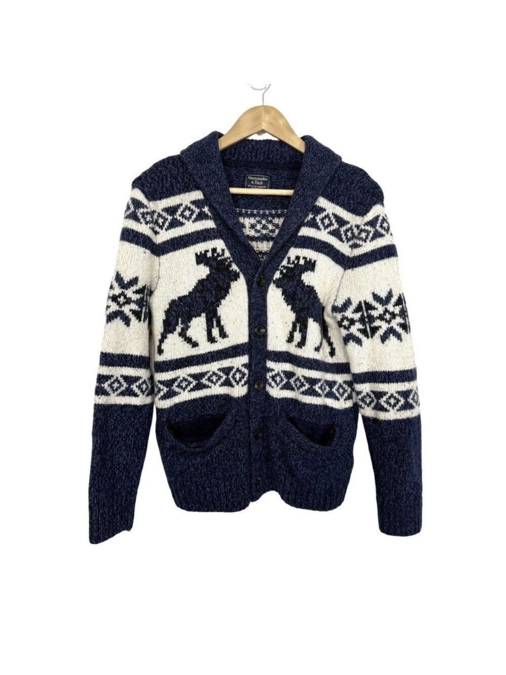 VTG Abercrombie & Fitch Fair Isle Cardigan XS Unisex Blue Moose Wool Sweater